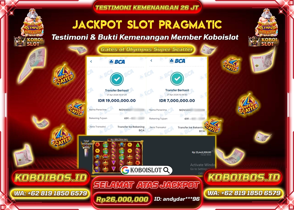 BUKTI KEMENANGAN SLOT GACOR GATES OF OLYMPUS SUPER SCATTER Rp26.000.000,- LUNAS